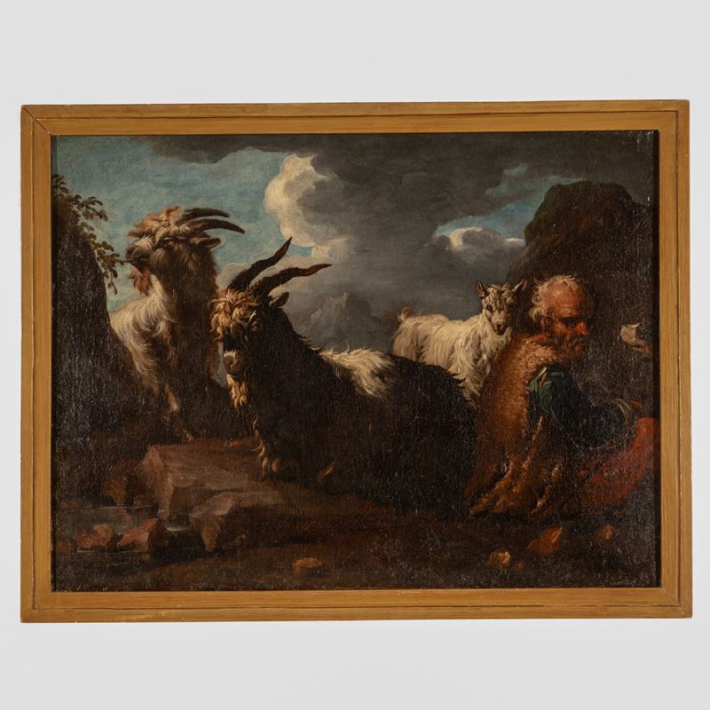 Pastore con capre e pecora in paesaggio agreste.