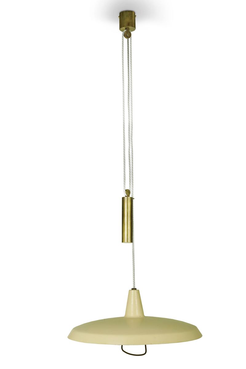 Lampada a saliscendi, alluminio verniciato e ottone, Italia, anni ’50