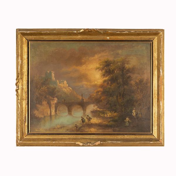 Marco Calderini - Scorcio di paesaggio fluviale con viandanti e ponte