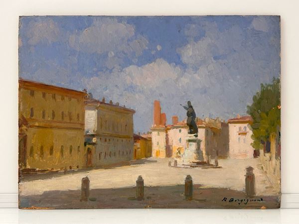 Romeo Borgognoni - Veduta di piazza con una statua