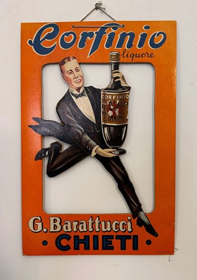 G. Barattucci, Cartone Espositore Traforato per Corfinio Liquore, circa 1935