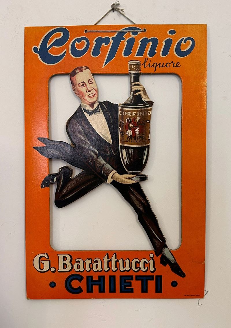 G. Barattucci, Cartone Espositore Traforato per Corfinio Liquore, circa 1935