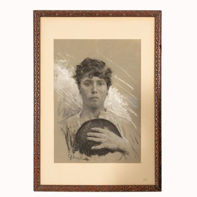 Giovane con cappello, tecnica mista su carta