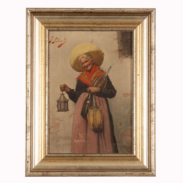 Pietro Pederzoli - Anziana donna con cappello, lume e fiasco di vetro