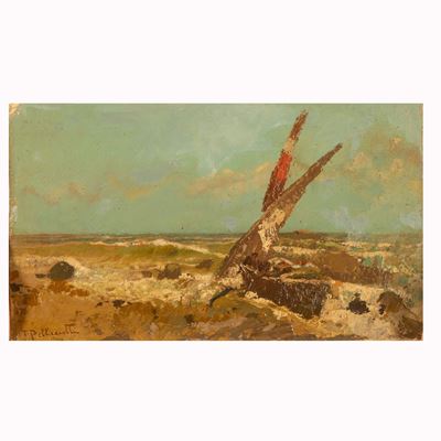Paesaggio marino con barche, olio su cartone pressato