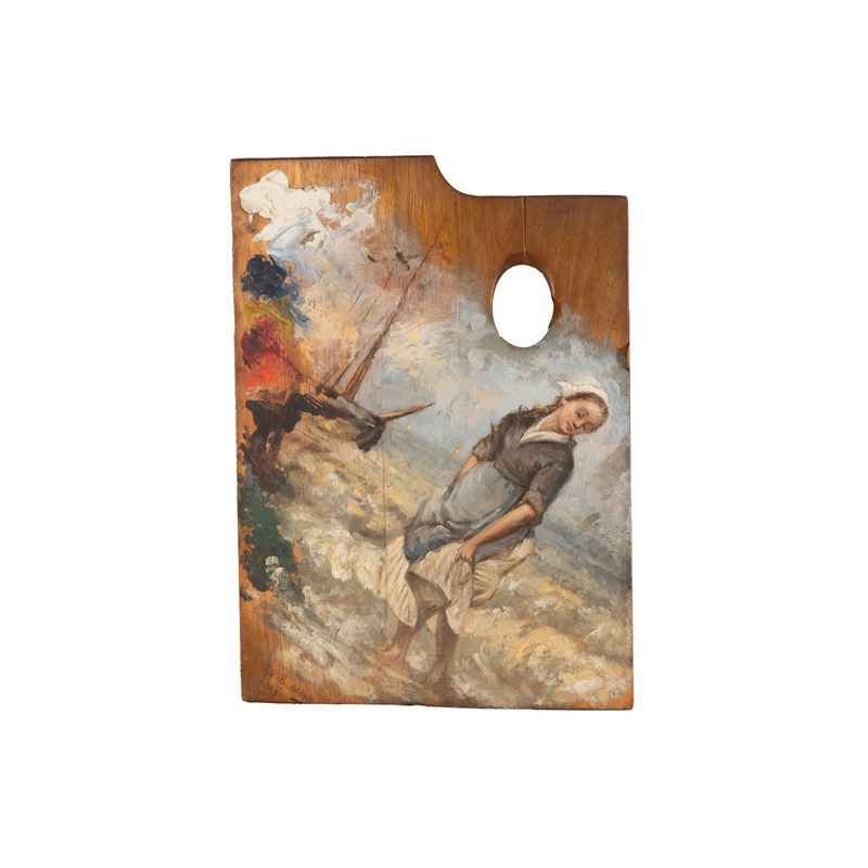 Tavolozza dipinta con giovane donna sulla battigia