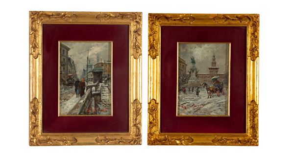 Giuseppe  Solenghi - Coppia di dipinti raffiguranti strade innevate di città
