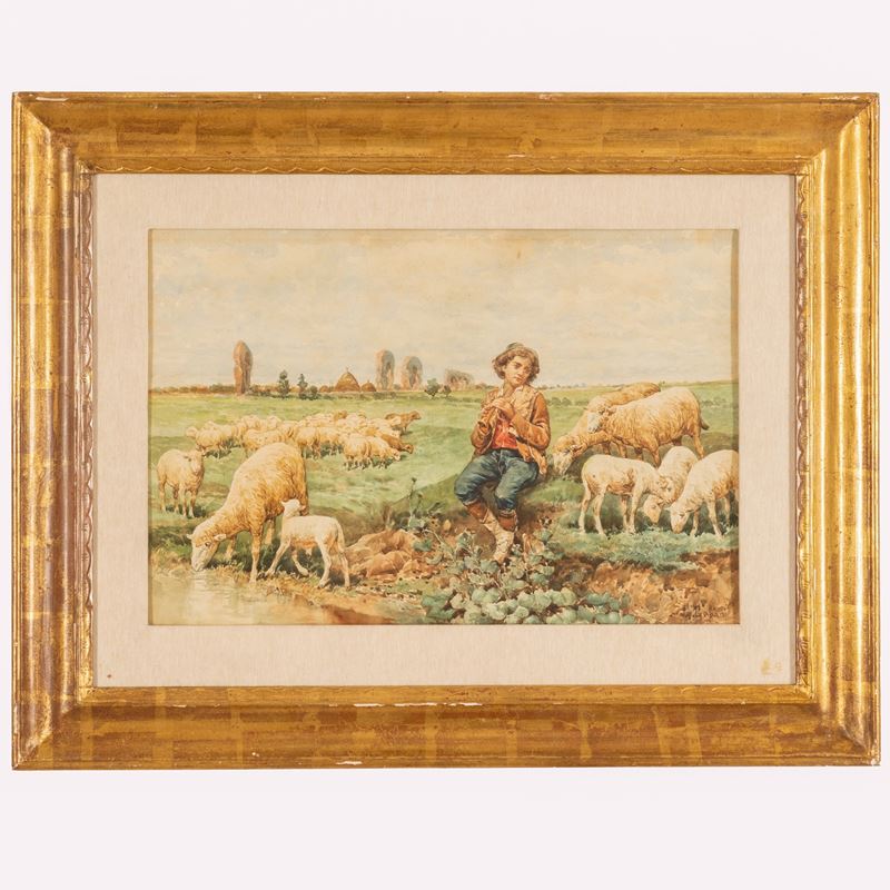 Pastore che suona piffero tra le greggi