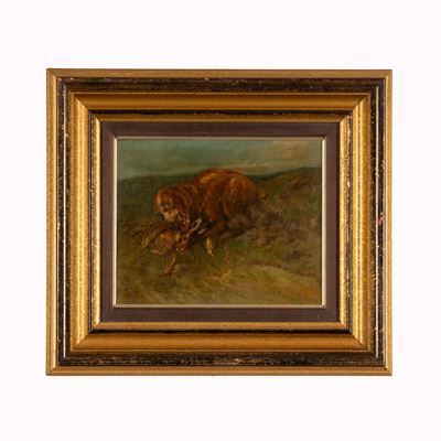 Cane da caccia con lepre, olio su tavola