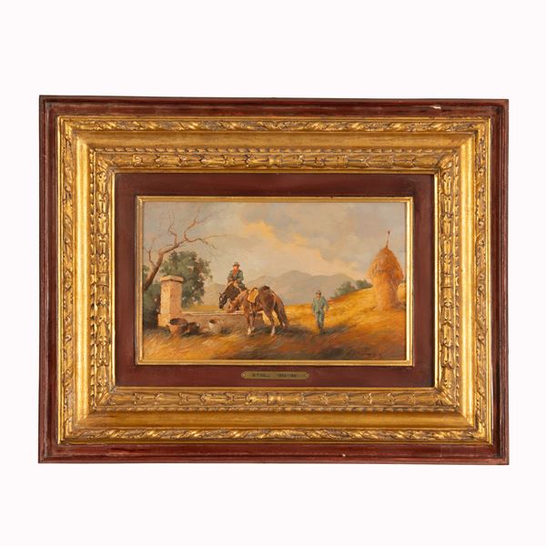 Giuseppe Tirelli - Cavalli che si abbeverano alla fontana
