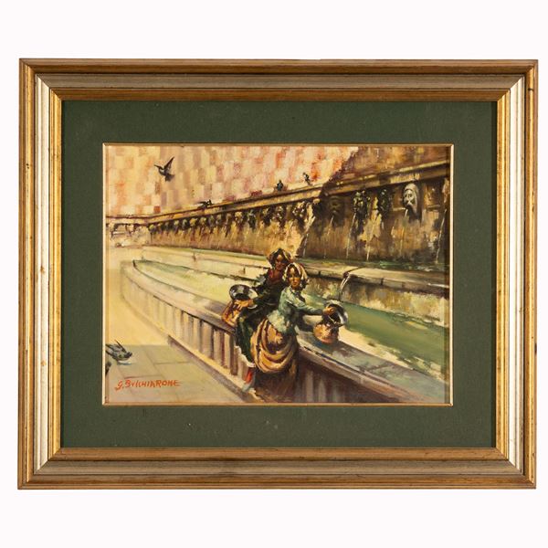 G. Bucchiarone - Donne in abiti tradizionali attingono acqua dalla fontana delle 99 cannelle