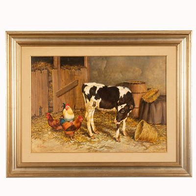 Mucca e gallina nella stalla, olio su tela