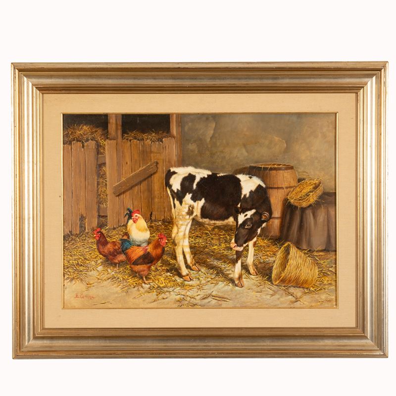 Eduardo Cerrone - Mucca e gallina nella stalla, olio su tela