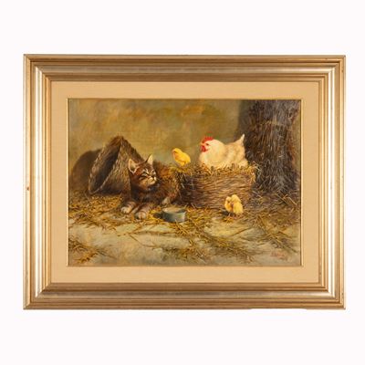 Gattino, gallina e pulcino, olio su tela