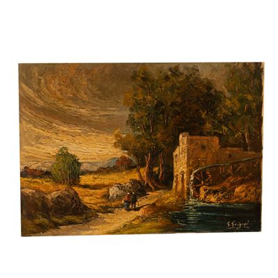 Viandanti in paesaggio con antico mulino, olio su tela