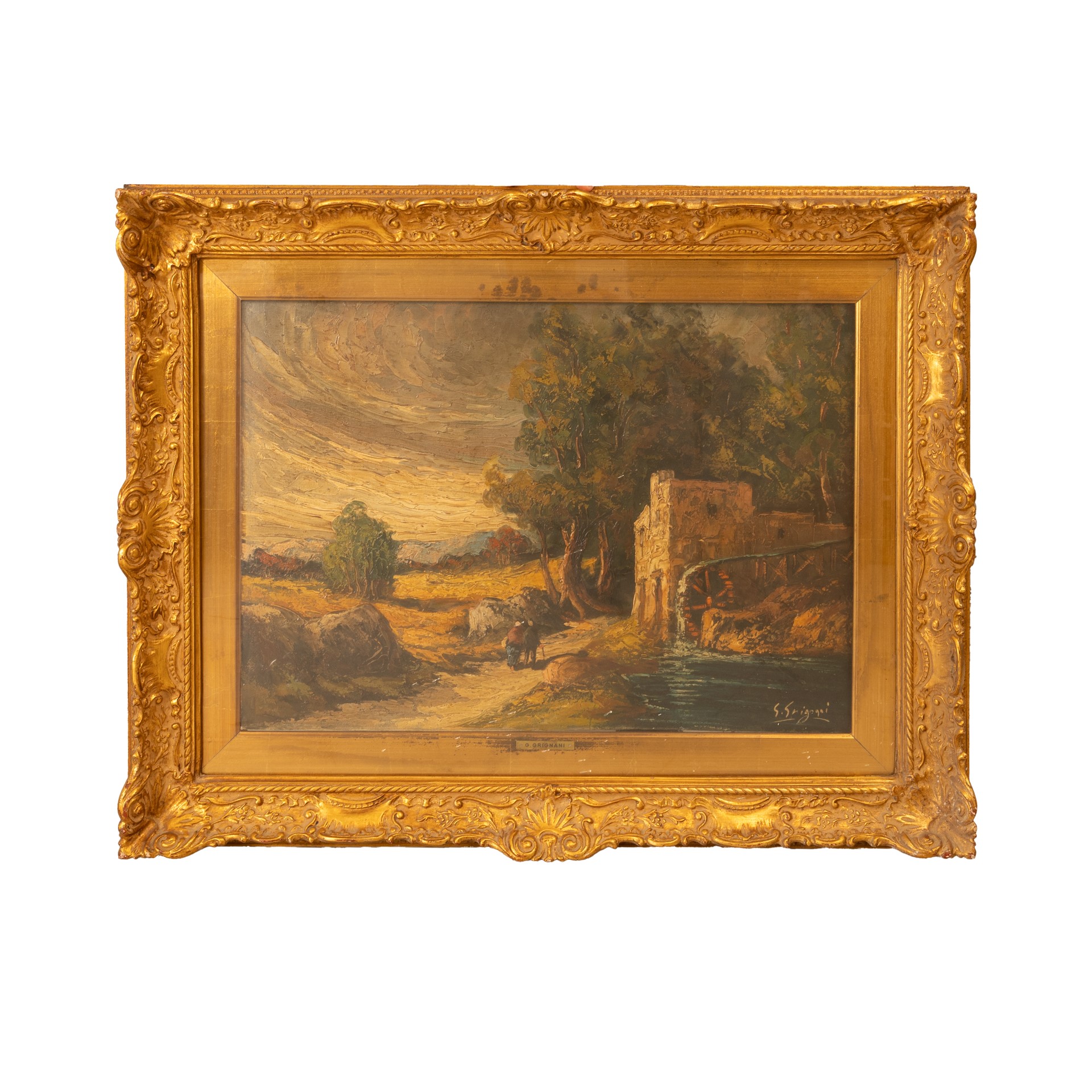 Gino Grignani - Viandanti in paesaggio con antico mulino, olio su tela