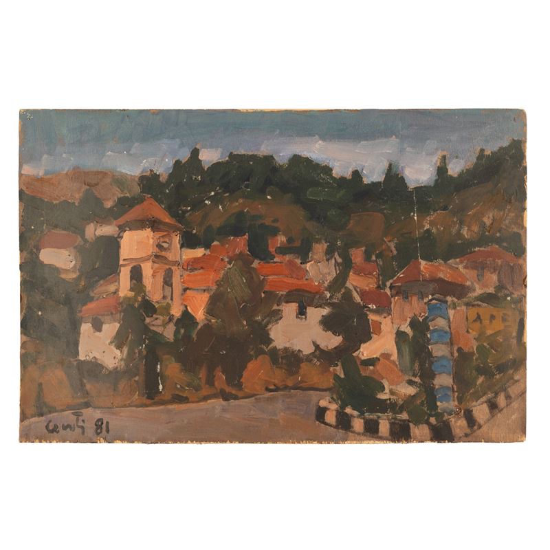Giuseppe Centi - Scorcio di paese, olio su tavola