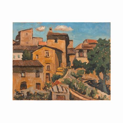 Scorcio di paese, olio su masonite