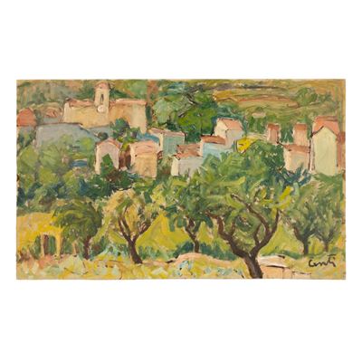 Paesaggio rurale, olio su cartone