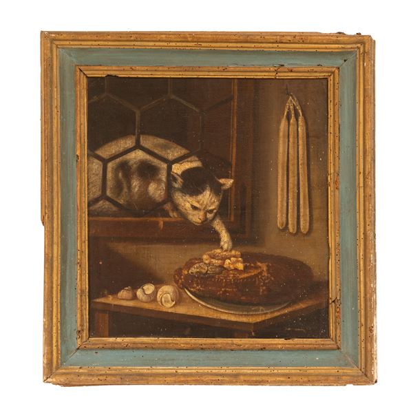 Antonio  Cifrondi - Dipinto olio su tela raff. "Gatto"