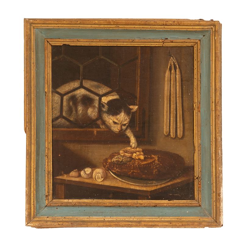 Dipinto olio su tela raff. "Gatto"