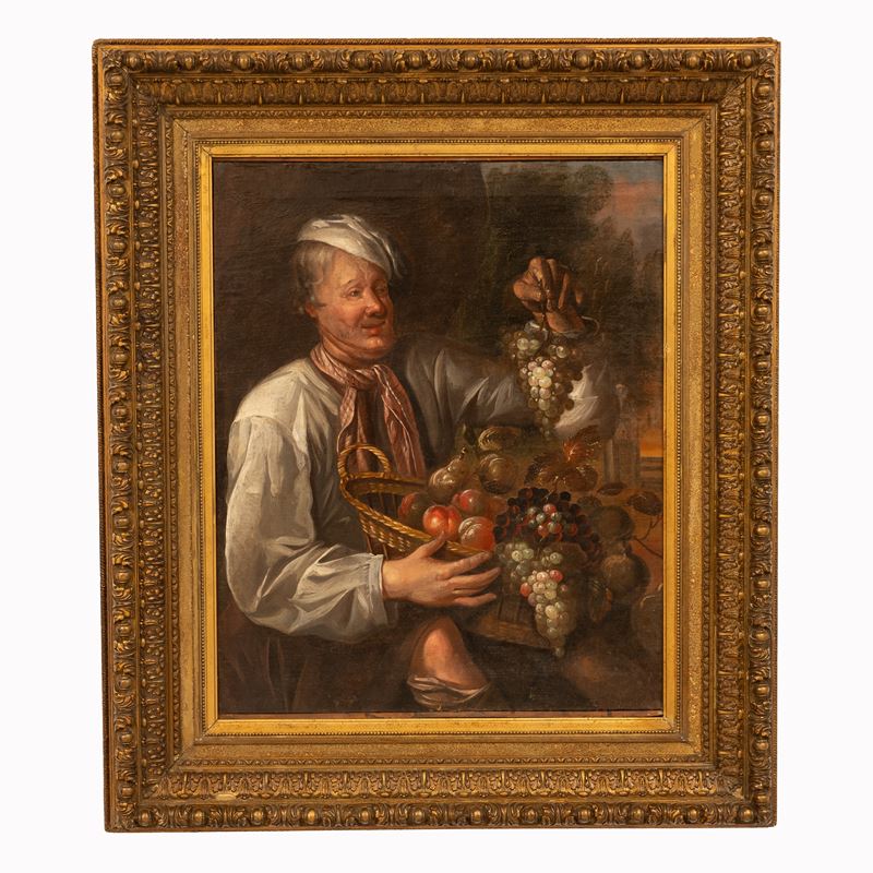 Venditore di frutta con cesto in vimini