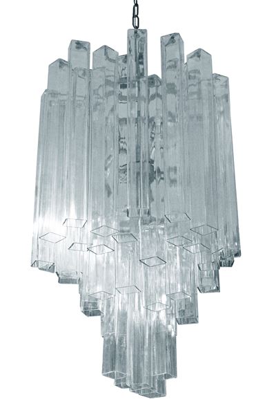 Lampada a sospensione in vetro soffiato trasparente e metallo cromato (Murano, produzione, 1970)