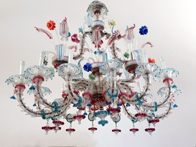 Grande lampadario di Murano in vetro policromo