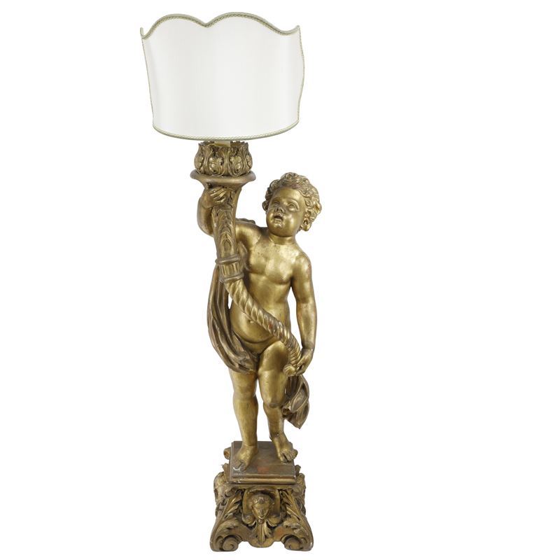 Grande scultura lignea raffigurante Putto - XIX secolo