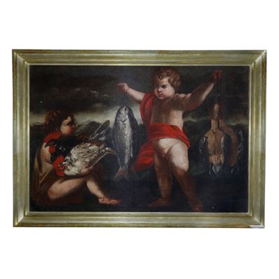 Autore ignoto, Allegoria della cacciagione e della pesca, olio su tela