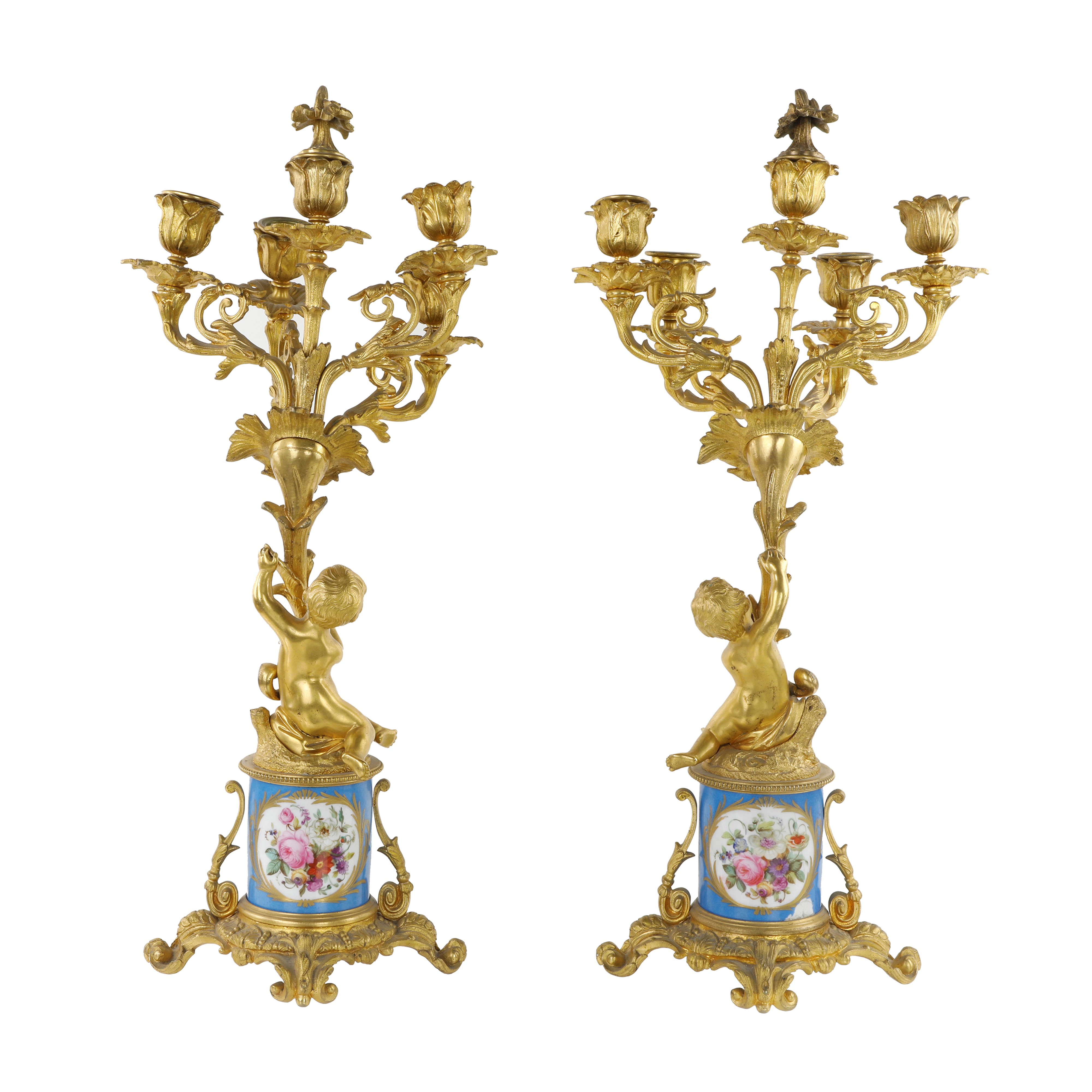 Coppia di candelabri a cinque luci, Bronzo dorato e Porcellana di Sèvres, XIX secolo