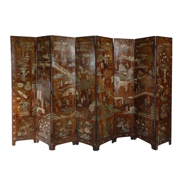 Paravento a otto ante in legno e lacca di Coromandel - Cina