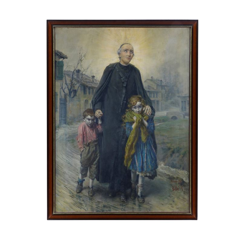 Gaetano Bellei - Don Bosco e orfanelli, 1917, olio su tela