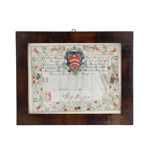 Documento con stemma araldico famiglia Rangoni