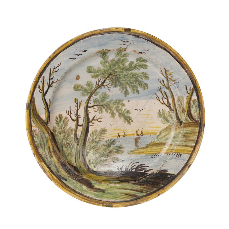 Piatto in ceramica Castelli, Paesaggio con alberi e barche, Ø 21 cm, Fine XIX secolo