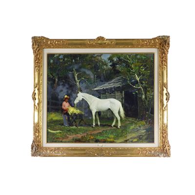 Cavallo in cortile, olio su cartone