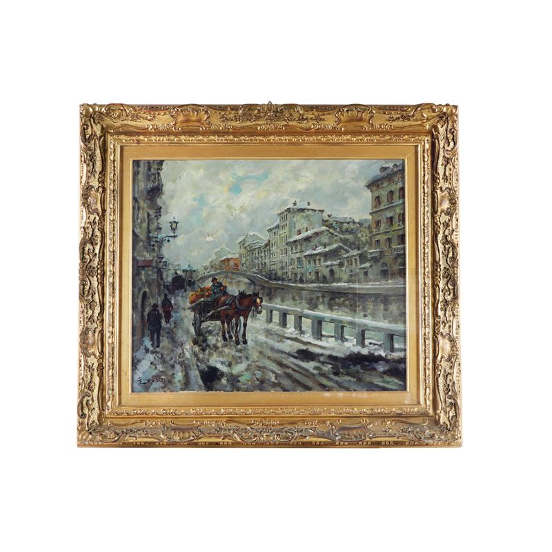 Giovanni Salvi - Il naviglio (veduta della vecchia Milano), olio su tela