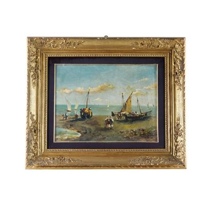 Marina con barche, olio su tela