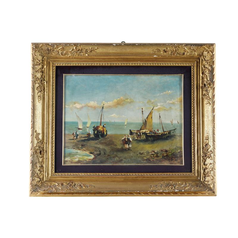 Arnaldo Delisio - Marina con barche, olio su tela