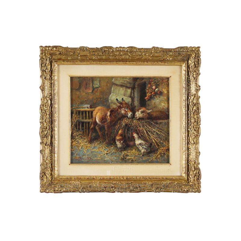 Tito Pellicciotti - Interno di stalla, olio su cartone