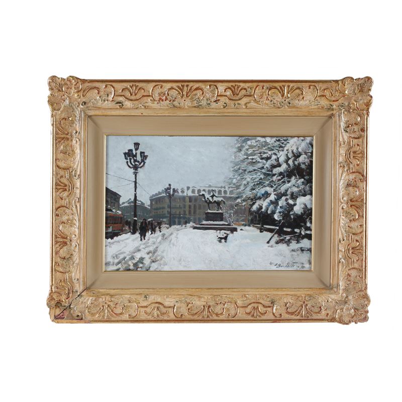 Silvio Brunetto - Piazza Castello Torino, olio su cartone pressato