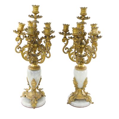 Coppia di candelabri a 6 luci, bronzo dorato e base in onice, XIX secolo
