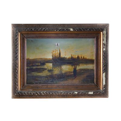 Paesaggio fluviale con pastorella, olio su tela