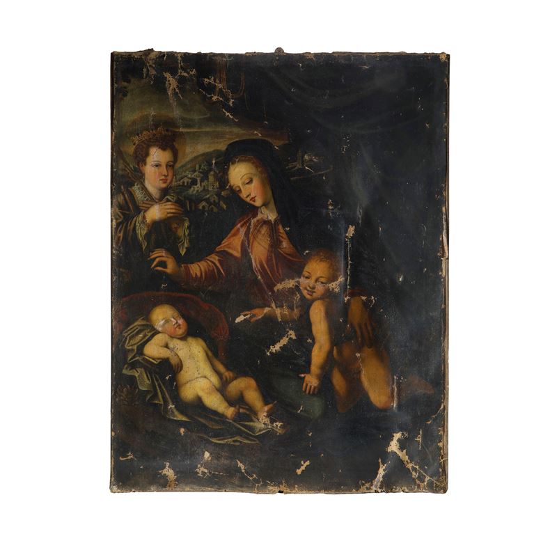 Pittore Manierista - Madonna col bambino dormiente e i santi Giovannino e Caterina d'Alessandria ...