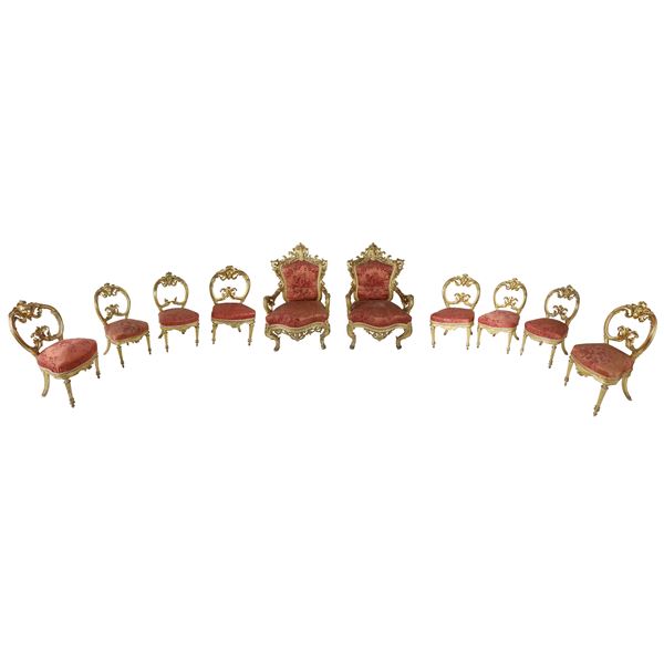Gruppo di 8 sedie intagliate e dorate - Napoli