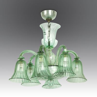 Lampada a sospensione a sei luci per Venini, Italia (vetro soffiato verde trasparente), 1930