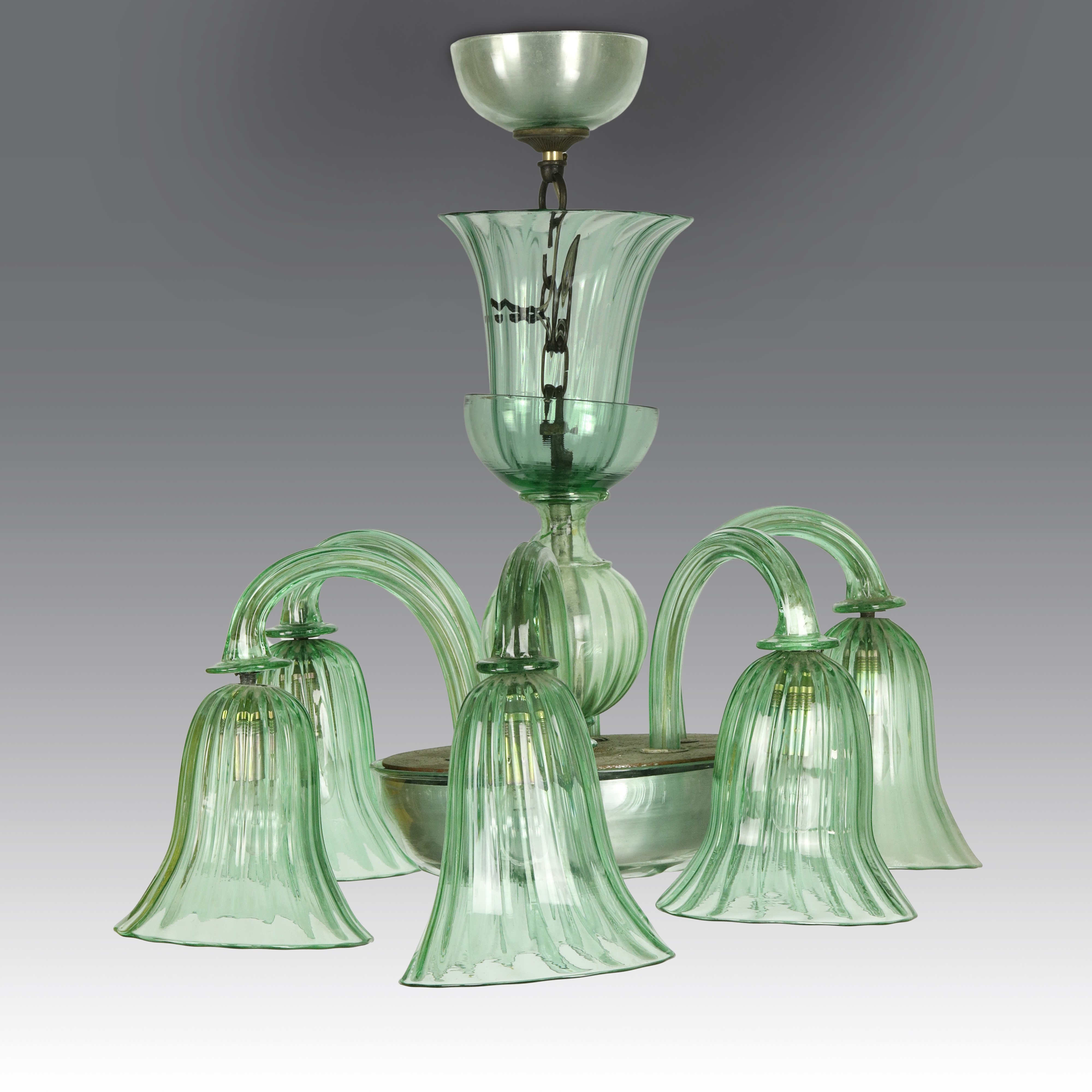 Napoleone Martinuzzi - Lampada a sospensione a sei luci per Venini, Italia (vetro soffiato verde ...