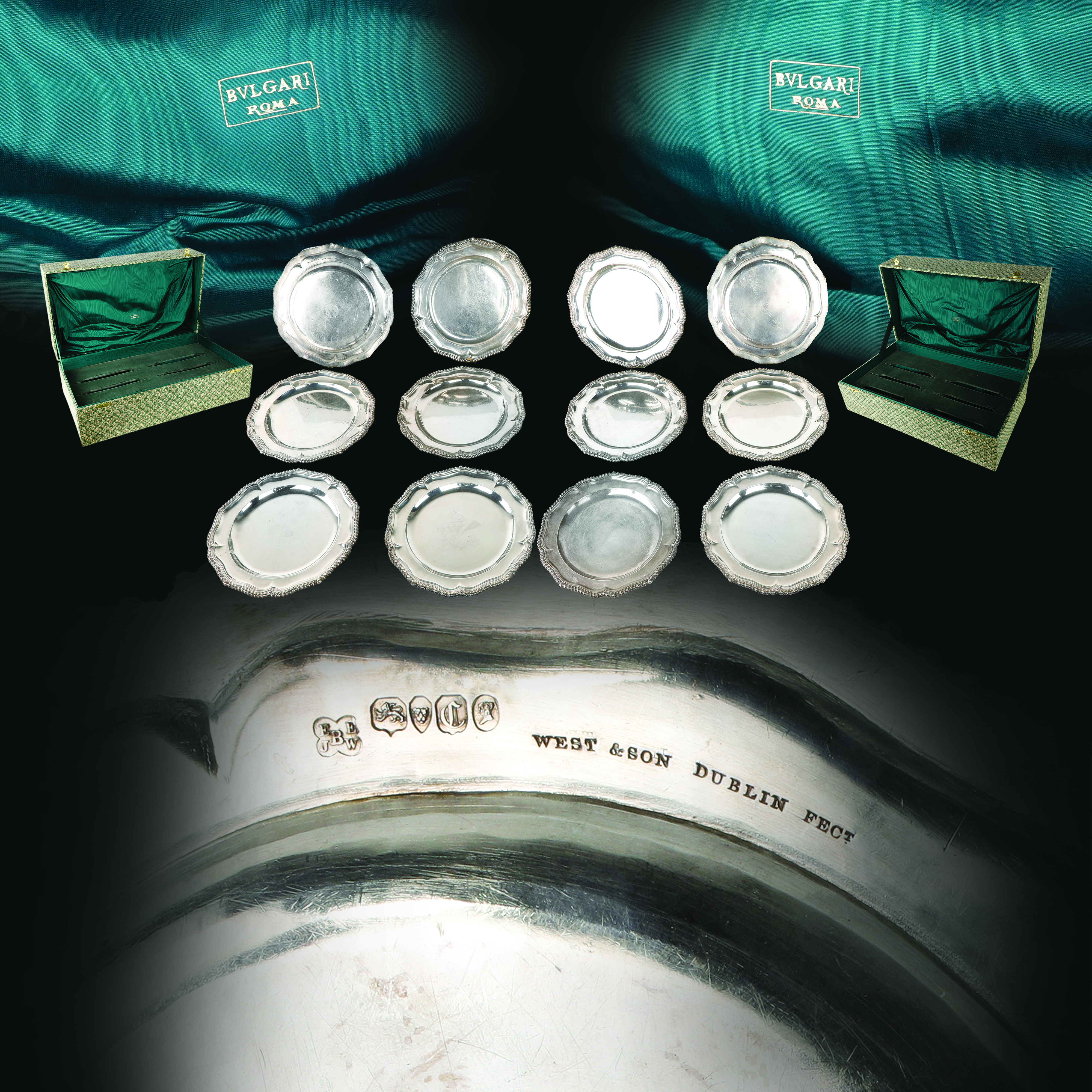 Set di 12 piatti in Argento Sterling "West & Son Dublin" per Collezione BULGARI.