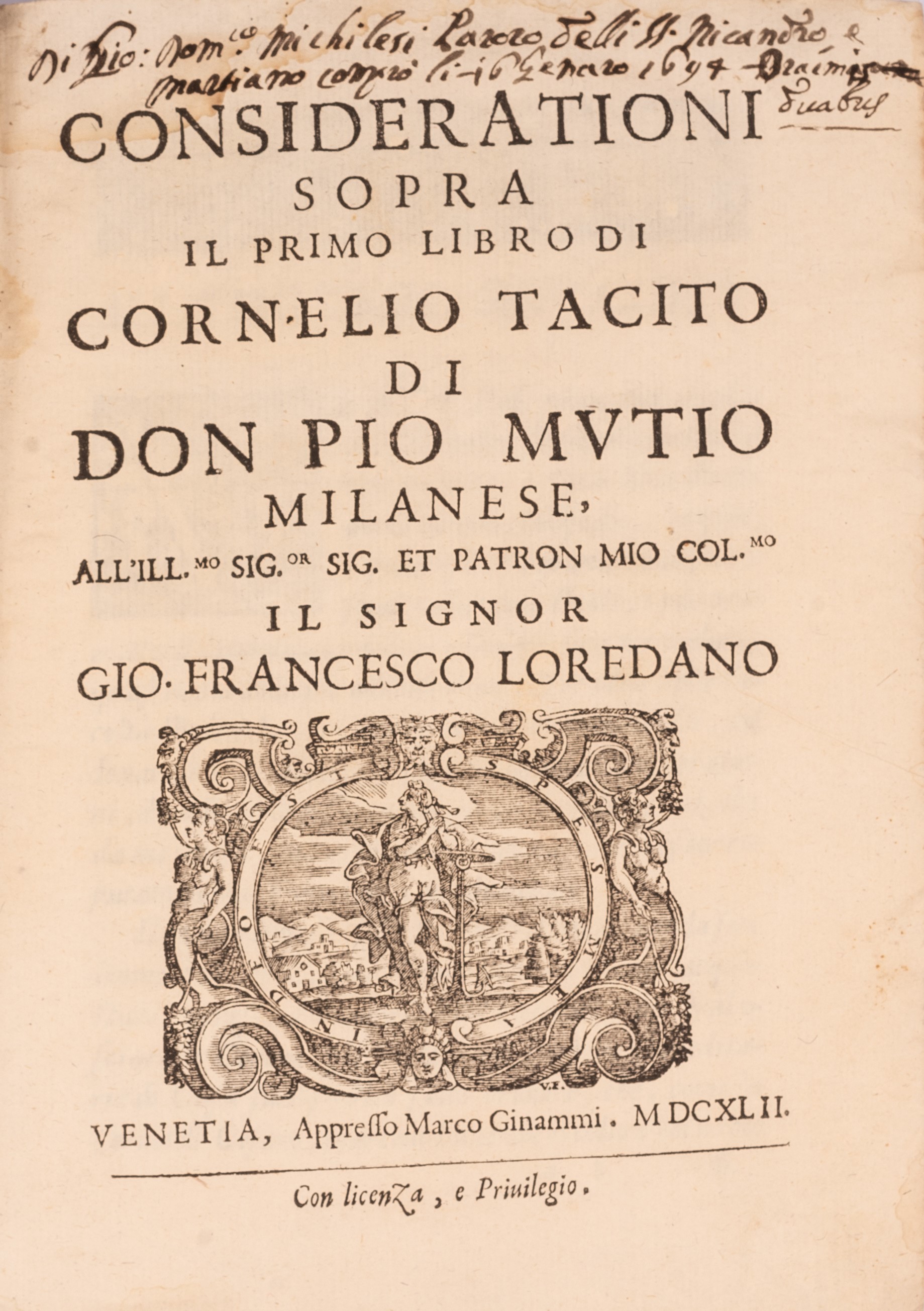 Considerazioni Sopra il Primo Libro di Cornelio Tacito di Don Pio Mutio