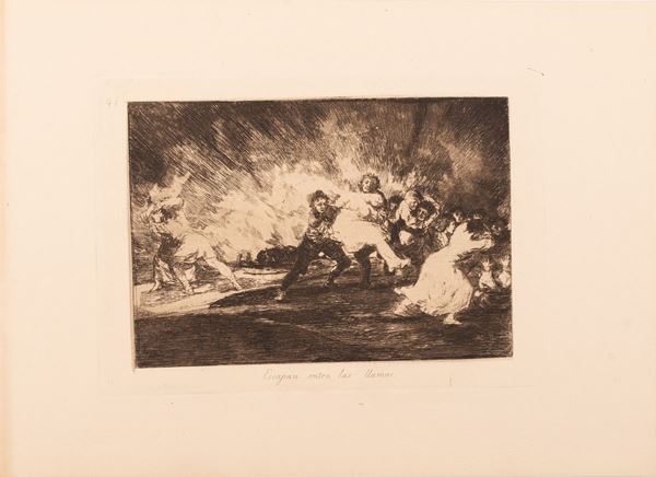 Francisco Goya : ESCAPAN ENTRE LAS LLAMAS  - Acquaforte e puntasecca - Asta Libri Antichi, Incisioni, Disegni e Manoscritti (Prima sessione) - Gliubich Casa d'Aste